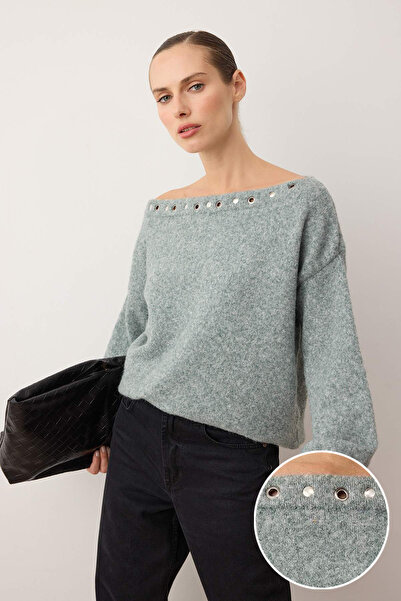 Trendyol Collection Mint-Grey Boat Neck Wool Soft Textured Eyelet Detail Knitwear Sweater Twoaw26Kz00273