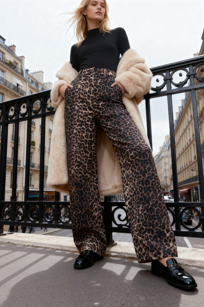 Trendyol Collection Hnědé leopardí kalhoty rovného/rovného střihu Twoaw25Pl00030