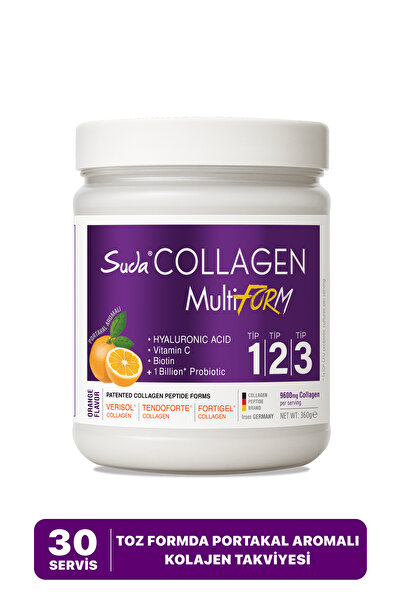 Suda Collagen مسحوق الكولاجين متعدد الأشكال بنكهة البرتقال - النوع I-II-III، فيتامين C، البيوتين، حمض الهيالورونيك |   360 جرام