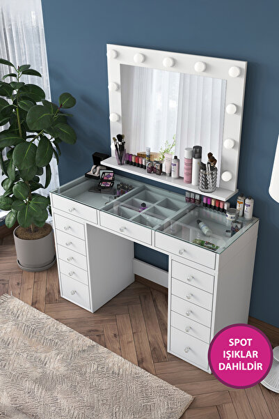 Rani Mobilya Rani Bj118 Hollywood Işıklı Aynalı Kulis Makyaj Masası Cam Tablalı Takı Düzenleyici Beyaz