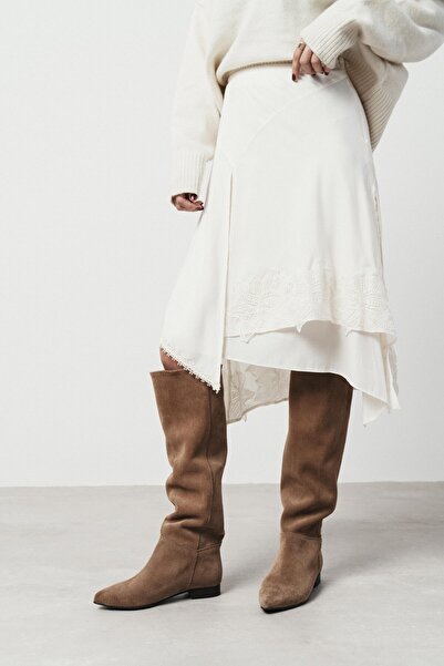 NİŞANTAŞI SHOES Nomi Desert Dark Beige Suede Genuine Leather Sivi Toe Women's Flat Sole Boots