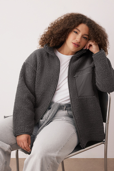 Trendyol Curve Winter Essentials Πλεκτό φούτερ με ψηλός λαιμός τσέπες με φερμουάρ από χοντρό φλις ανθρακί TBBAW26AO00022