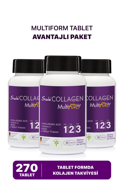 Suda Collagen Multiform Tablet - Tip I-II-III - C Vitamini,Hyaluronik Asit,Çinko,Biotin,Probiyotik | 90 Tablet x3
