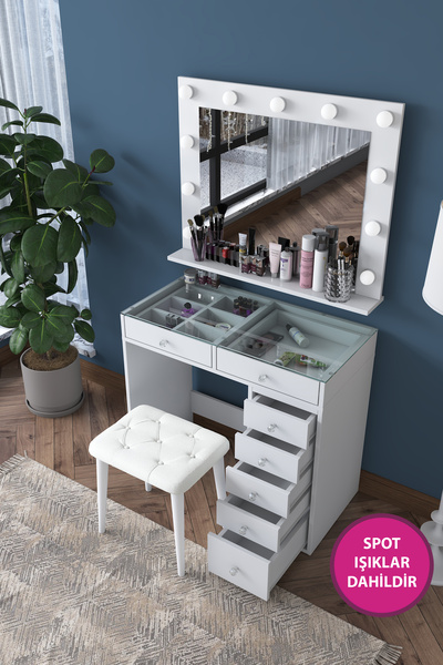 Rani Mobilya Rani BJ160 Hollywood Işıklı Aynalı Makyaj Masası 7 Çekmeceli Takı Düzenleyici Puf Takım Beyaz