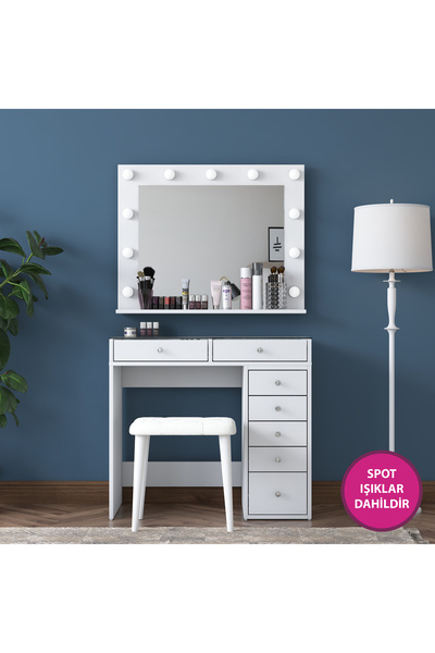 Rani Mobilya Rani BJ160 Hollywood Işıklı Aynalı Makyaj Masası 7 Çekmeceli Takı Düzenleyici Puf Takım Beyaz