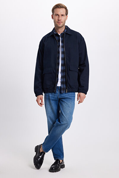 Tudors Men's relaxed fit comfortable cut double pocket flap zip-up elastic waist plain navy jacket coat shirt