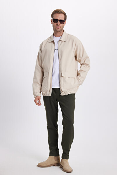 Tudors Erkek Relax Fit Rahat Kesim Çift Cep Kapaklı Fermuarlı Beli Lastikli Düz Bej Ceket Mont Gömlek