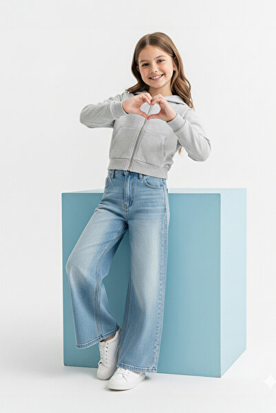 TRENDYOLKIDS Grey Melange Cotton Crop Fit Straight/Basic Hooded Overize Knitted Girl's Cardigan Tkdaw26Hi00001