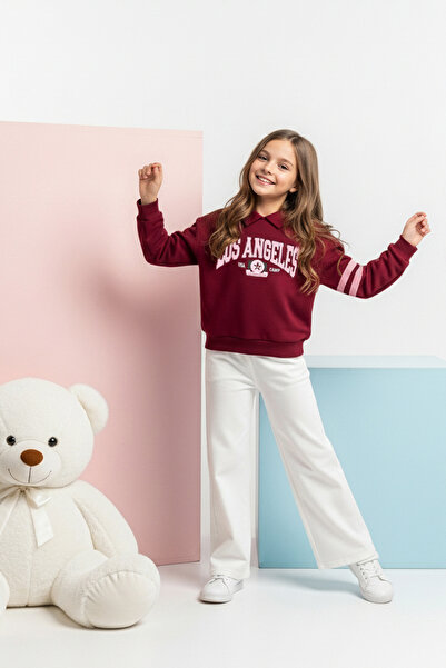 TRENDYOLKIDS طقم ملابس من القطن للأطفال البنات مطبوع عليه شعار بولو وياقة بولو ومقاس كبير - طقم علوي وسفلي TKDAW26AU00002