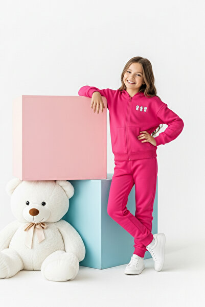 TRENDYOLKIDS Fuchsia Printed Hooded Girl's Knitted Bottom - Top Set Tkdaw25Au00040