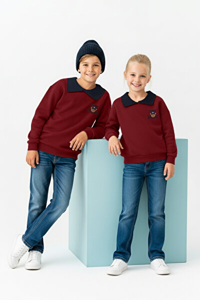 TRENDYOLKIDS Claret Red 100% Cotton Printed Polo Collar Regular Unisex Kids Knitted Sweatshirt Tkdaw26Sw00019