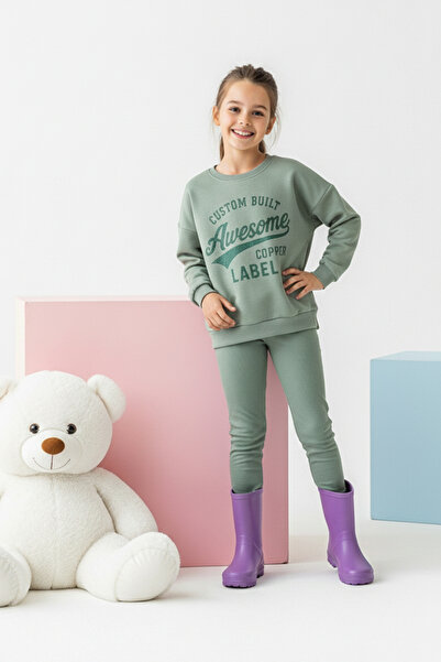 TRENDYOLKIDS Mint Cotton Thick/Inside Fleece Slogan B Printed Girl's Knitted Bottom - Top Set Tkdaw26Au00012