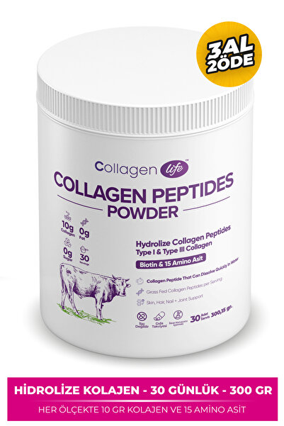 COLLAGEN LIFE %100 Hidrolize Kolajen Peptitler Biotin Ve 15 Amino Asit İçeren Gıda Takviyesi 30 Günlük