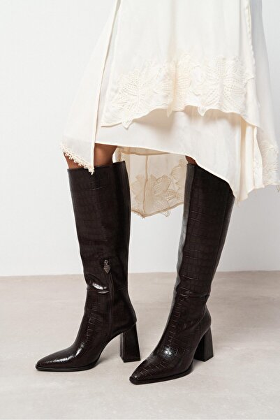 NİŞANTAŞI SHOES Jules Kahve Desenli Fermuar Detay Kadın Topuklu Çizme