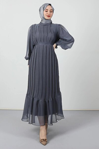 Giza Giyim Pleated Janjan Evening Dress Dark Gray