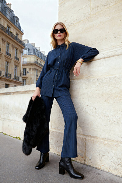 Trendyol Modest Sötétkék gyűrött ing nadrág szőtt alsó felső szett TCTSS24US00019