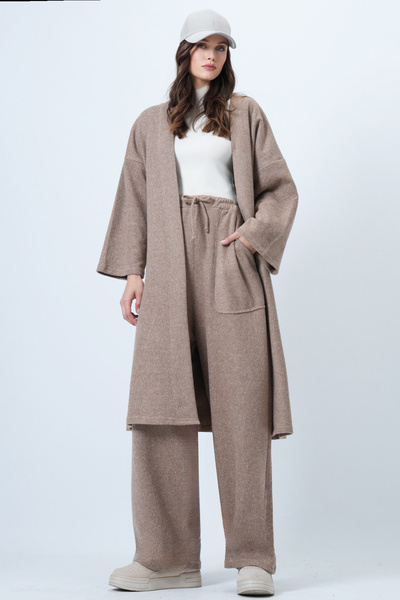 Trend Alaçatı Stili Női tejesbarna, önszövésű kötött hosszú kardigán és dupla zsebes Palazzo nadrág szett Alc-X14387