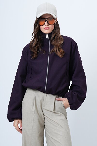 Trend Alaçatı Stili Kadın Mor Dik Yaka Beli Lastikli Bomber Ceket Alc-X14692