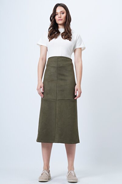 Trend Alaçatı Stili Women's Khaki Hidden Zipper Stitching Detail Faux Suede Maxi Skirt Alc-X14407