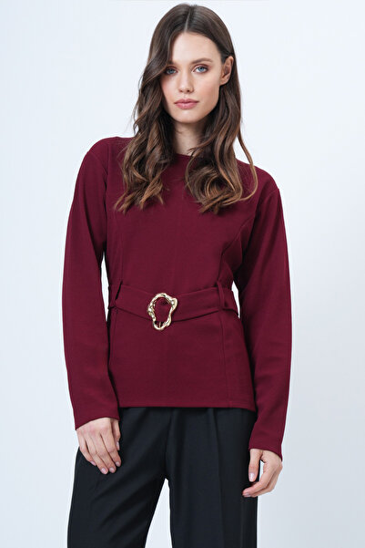 Trend Alaçatı Stili Women's Burgundy Blouse with Self Belt and Gold Accessory Detail Alc-X14699