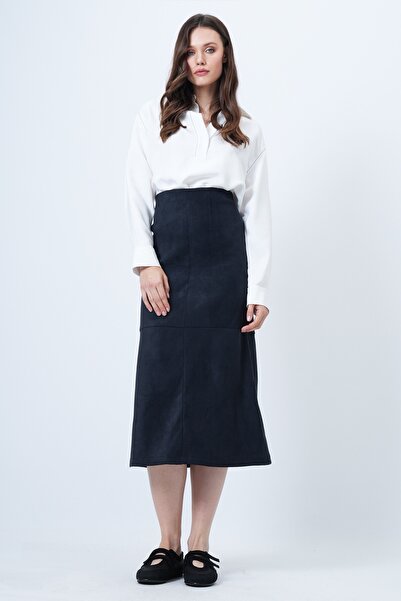 Trend Alaçatı Stili Fusta maxi pentru femei, albastru bleumarin, cu fermoar ascuns, cu cusături, din piele artificială de căprioară ALC-X14407