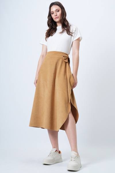 Trend Alaçatı Stili Women's Mustard Asymmetrical Cut Waist Tie Detailed Skirt Alc-X14690