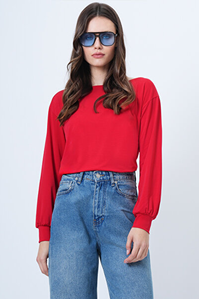 Trend Alaçatı Stili Rote Damenbluse mit U-Boot-Ausschnitt und Manschettenärmeln ALC-X14393