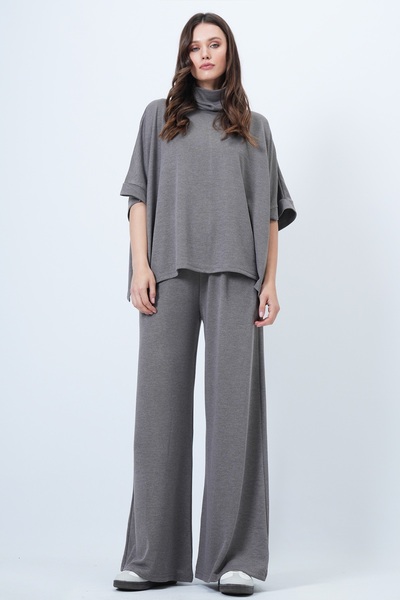 Trend Alaçatı Stili Nerzfarbener Rollkragenmantel und Hose mit doppelten Taschen für Damen, Set ALC-X14670