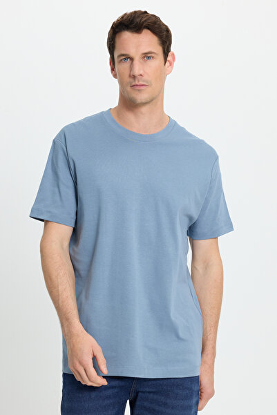 Tudors Tricou albastru unisex Relax Fit, cu croială relaxată, 100% bumbac, textura moale, de bază, cu decolteu