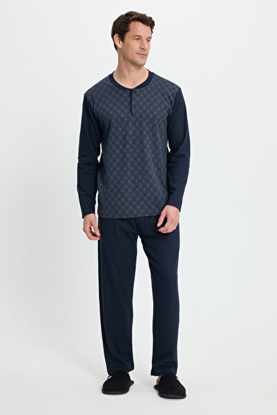 Tudors Men's regular fit cotton button-up collar elastic waist patterned pajama set