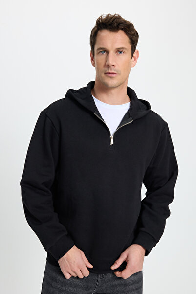 Tudors Φούτερ Unisex Relax Fit Relaxed Cotton Fleece Εσωτερικό με μισό φερμουάρ Μαύρη κουκούλα
