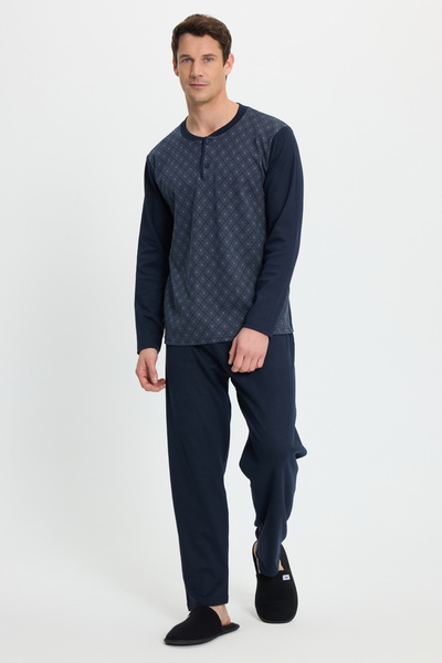 Tudors Men's regular fit cotton button-up collar elastic waist patterned pajama set