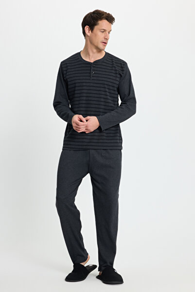 Tudors Ανδρικό σετ πιτζάμες από βαμβακερό κοστούμι με κουμπιά και ελαστική μέση με σχέδιο σε μαύρο χρώμα