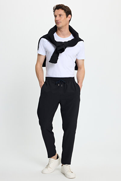 Tudors Men's Regular Fit Elastic Waist Lace-Up Jogger Black Trousers Relaxed Fit Side Pockets