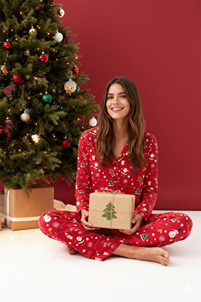 Trendyol Collection Red 100% Cotton New Year's Not Available Single Jersey Knitted Pajamas Set Thmaw22Pt1212