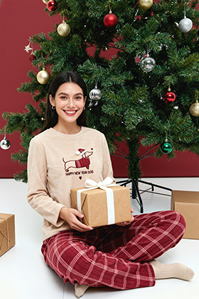 Trendyol Collection Σετ πιτζάμες με χριστουγεννιάτικο θέμα Salmon Fleece - Καρό μοτίβο THMAW25PT00137