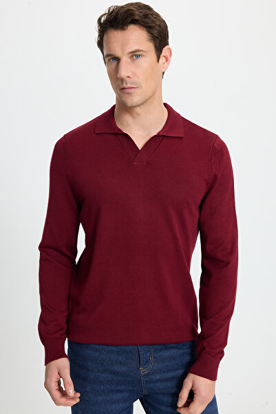 Tudors Men's Standard Fit Regular Cut Polo V-Neck Burgundy Knitwear Sweater