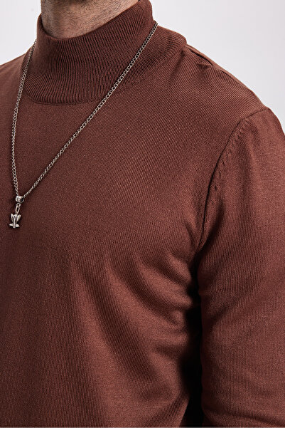 Tudors Men's Slim Fit Slim Fit Soft Textured Non-Pilling Brown Half Turtleneck Knitwear Sweater