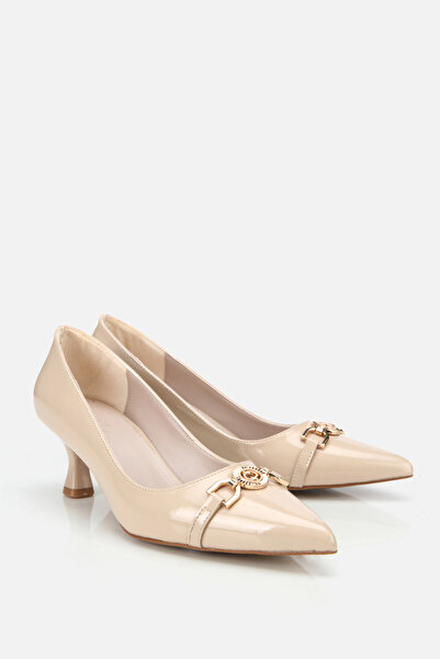 Yaya by Hotiç Women's Beige Patent Leather Chain Detailed Thin Heeled Stiletto