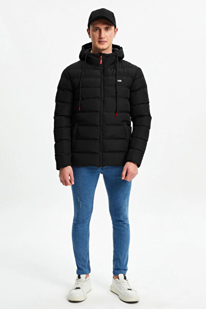 RİVERCLUP Ανδρικό μαύρο αθλητικό χειμερινό πουπουλένιο παλτό με αντιανεμική επένδυση από ίνες