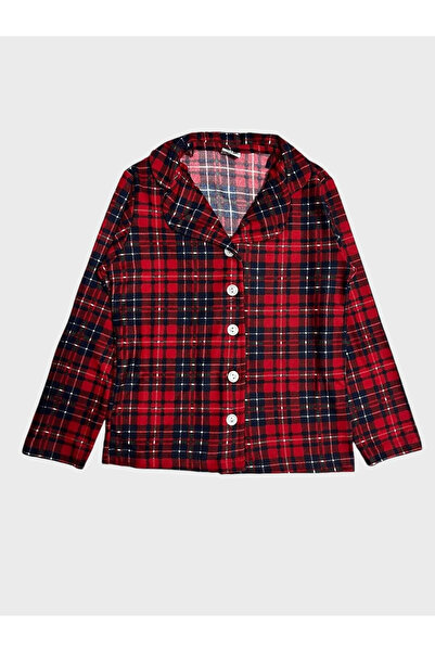 Genel Markalar Kız Çocuk Pamuklu Süet Kumaş Kırmızı Ekose Desenli Gömlek Yaka Düğmeli Uzun Kollu Pijama Takımı