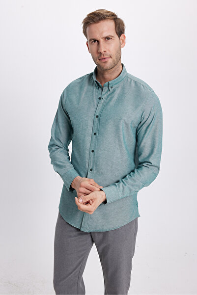 Tudors Ανδρικό πουκάμισο με μακρυμάνικο βαμβακερό ύφασμα Oxford με λεπτή εφαρμογή, εύκολο στο σιδέρωμα, πράσινο πουκάμισο με γιακά με κουμπιά