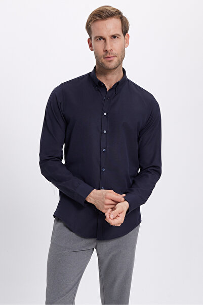 Tudors Ανδρικό πουκάμισο με μακρυμάνικο βαμβακερό ύφασμα Oxford με λεπτή εφαρμογή, εύκολο στο σινιέρισμα, με γιακά με κουμπιά σε μπλε ναυτικό χρώμα