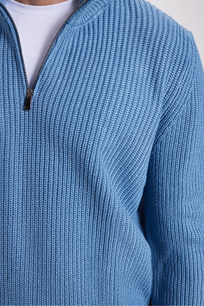 Tudors Ανδρικό πλεκτό πουλόβερ με λεπτή εφαρμογή με φερμουάρ Indigo Stand Collar