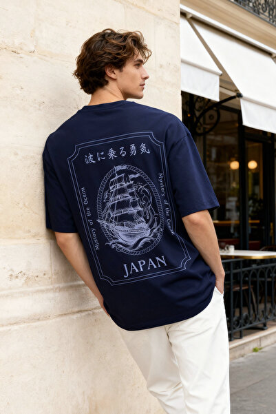 Trendyol Collection Μπλουζάκι Navy Blue Oversize/Wide Cut Ship Back Printed 100% βαμβακερό μπλουζάκι