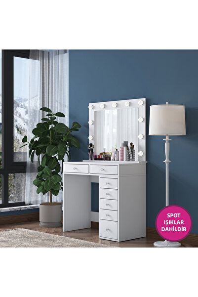 Rani Mobilya Rani Bj115 Hollywood Işıklı Aynalı Kulis Makyaj Masası 7 Çekmeceli Takı Düzenleyici Beyaz