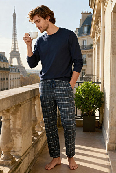 Trendyol Collection Unisex námořnická modrá Indigo kostkované tkané pyžamové spodky - Regular Fit Tmnaw23Pj00014