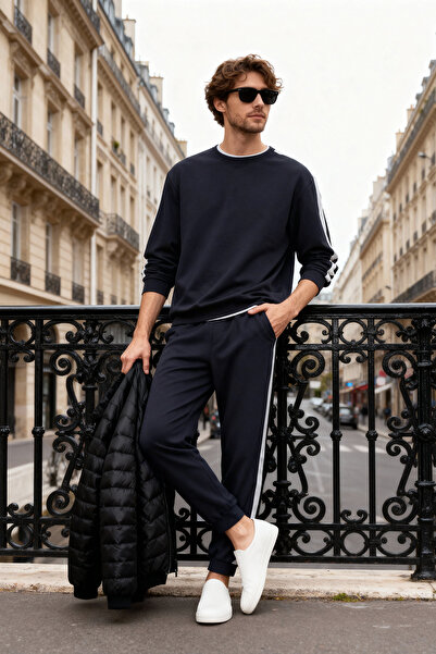 Trendyol Collection Sötétkék oldalsó csíkos kötött pizsama szett THMAW21PT0828