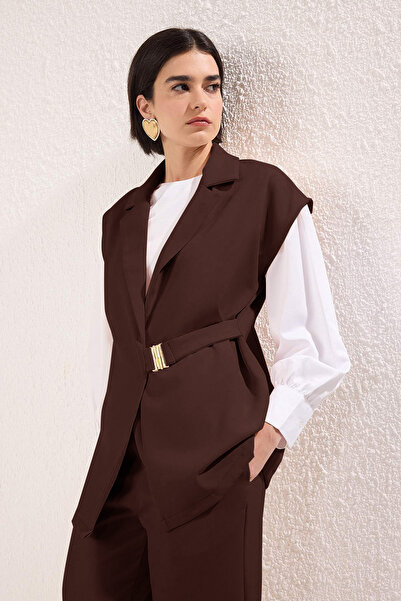 Trendyol Modest Brown Metal Buckle Detailed Woven Vest Pants Bottom - Top Set Tctss25Us00024
