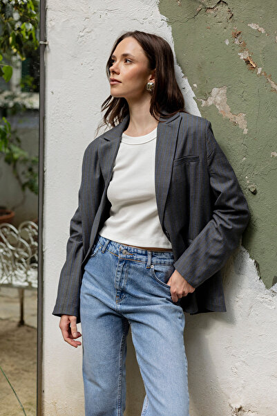 Trendyol Collection Anthracite Dark Blue Striped Oversized Blazer Jacket Twoaw26Bc00025